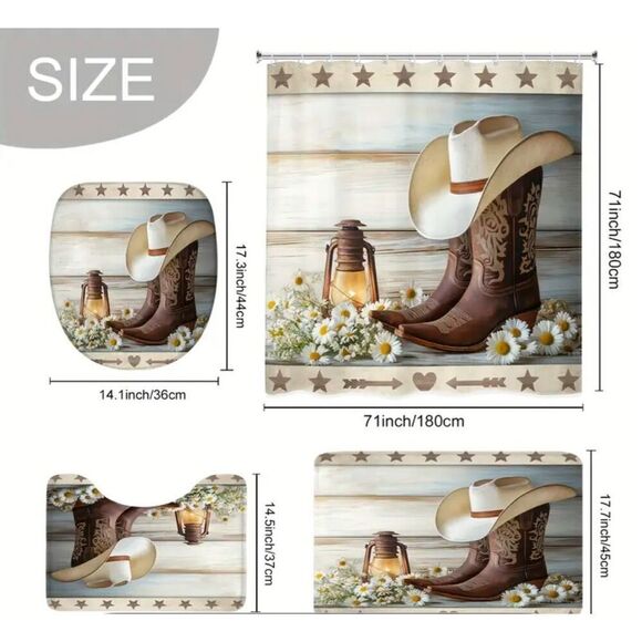 Cowboy Boots shower curtain & Bath Mat Set with Hooks - 4 Piece Collection weste - Picture 2 of 5